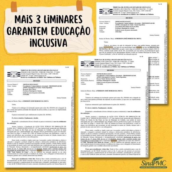 MAIS TRÊS LIMINARES GARANTEM PROFISSIONAIS DE APOIO PARA ALUNOS COM DEFICIÊNCIA EM CUBATÃO